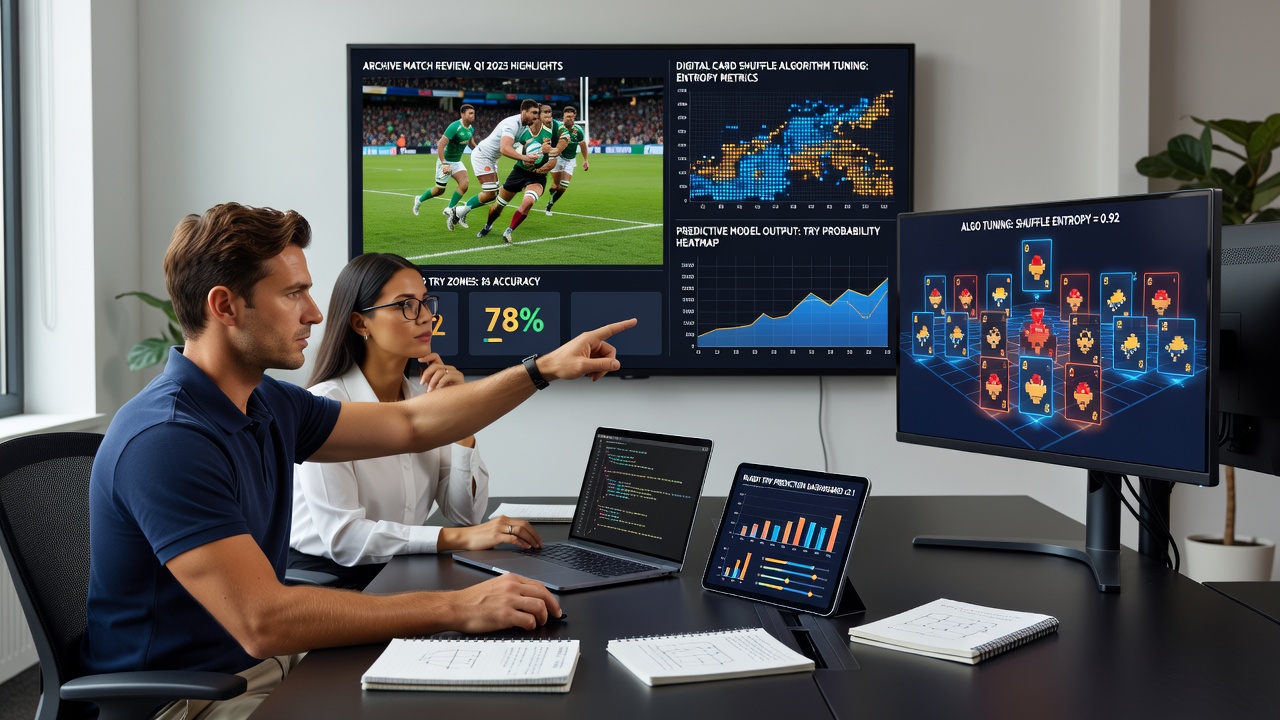 Mobile screen displaying synchronized rugby analytics dashboard alongside real-time card game shuffle calibration indicators