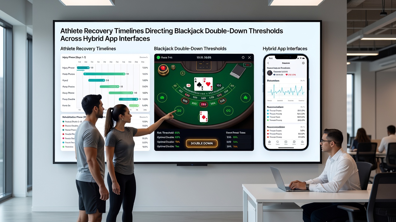 Close-up of mobile screen showing synchronized athlete recovery timeline and blackjack decision panel