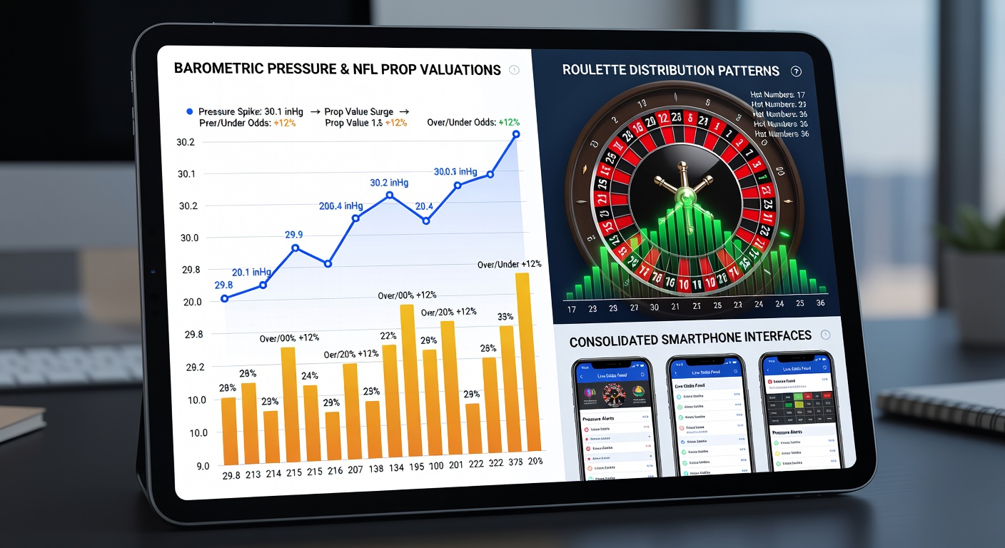 Smartphone screen showing integrated barometric pressure data overlaid on NFL player prop odds next to a live roulette wheel distribution chart