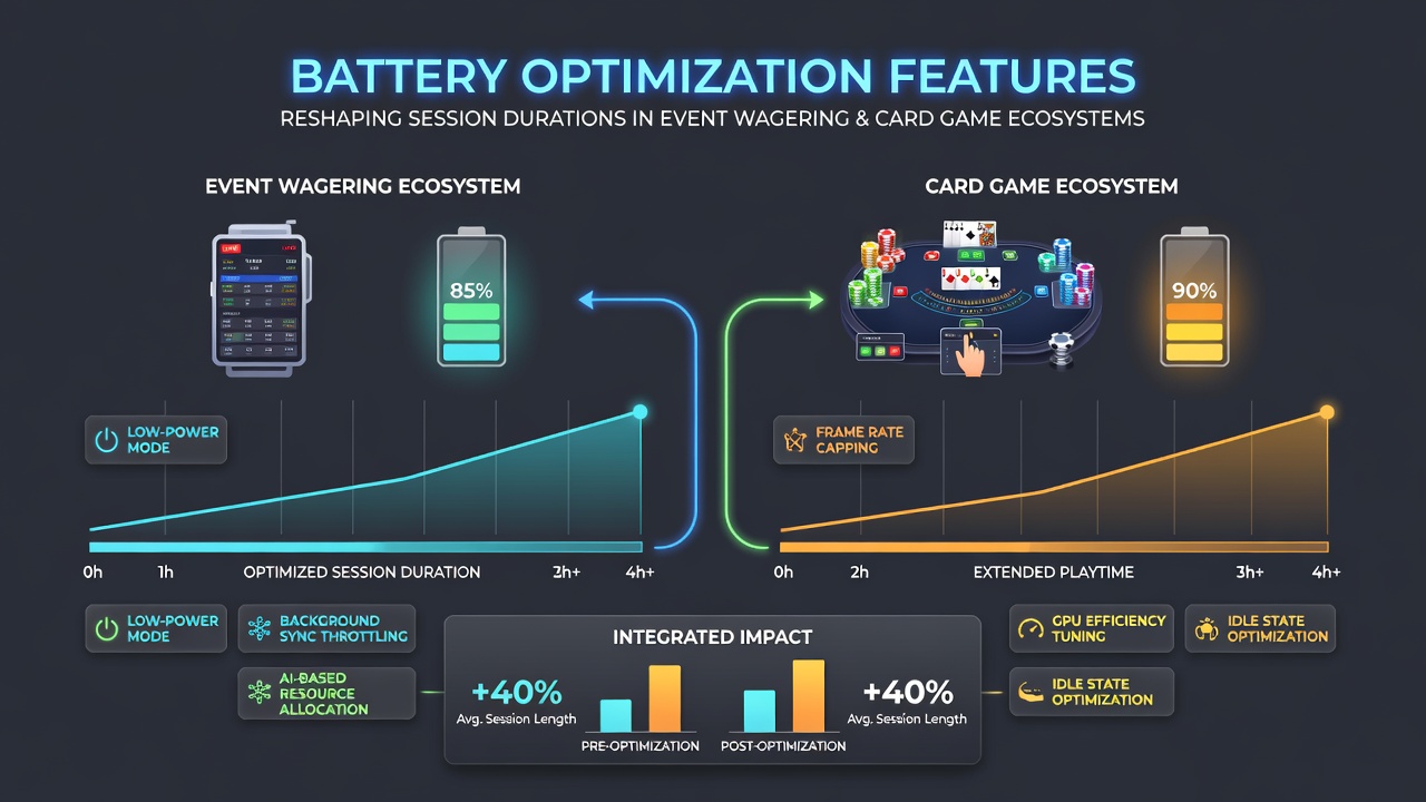 Close-up of smartphone battery metrics displayed next to active card game and live event betting screens