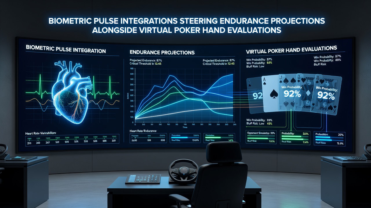 Mobile app interface showing synchronized pulse data influencing endurance forecasts and poker hand rankings
