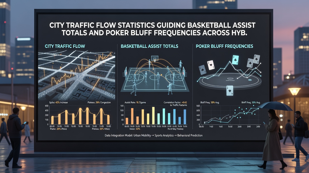 Mobile interface displaying synchronized traffic analytics with basketball assist forecasts and poker strategy overlays