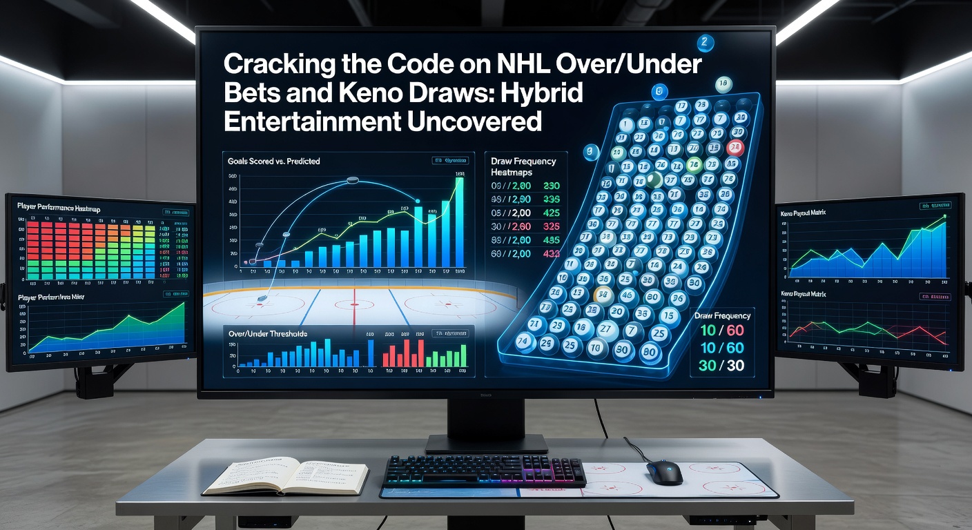 Close-up of a hybrid app dashboard showing active NHL over/under wager on a playoff game next to spinning Keno balls and payout table, with real-time odds updating