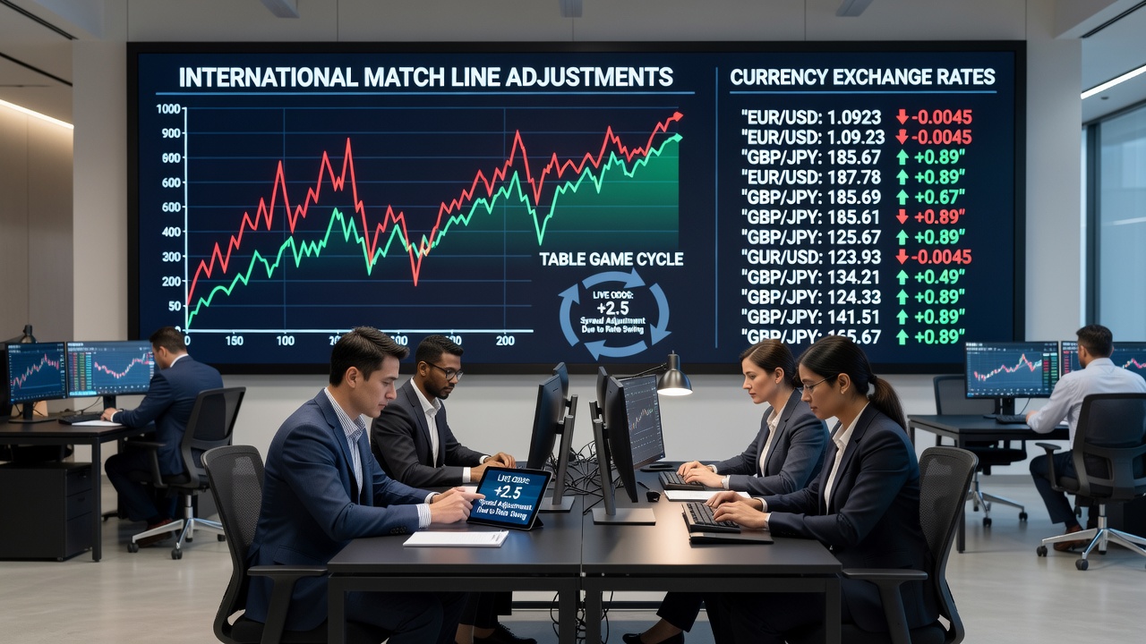Integrated dashboard showing synchronized updates between sports betting lines and table game payout cycles driven by currency movements