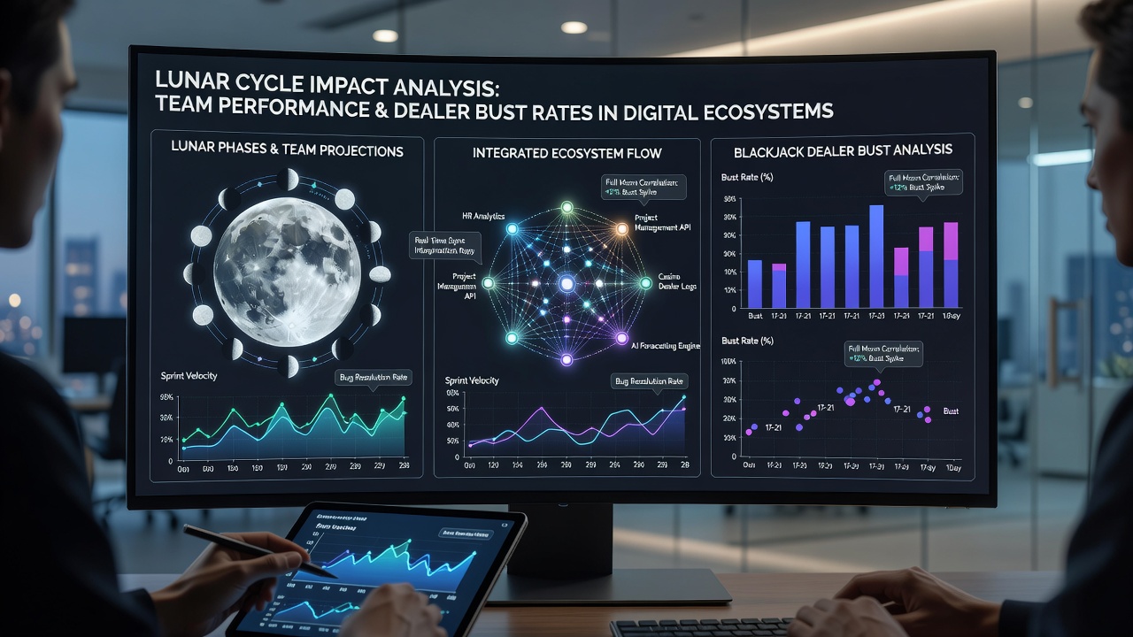 Integrated digital ecosystem dashboard displaying lunar phase overlays on sports projections and blackjack statistics