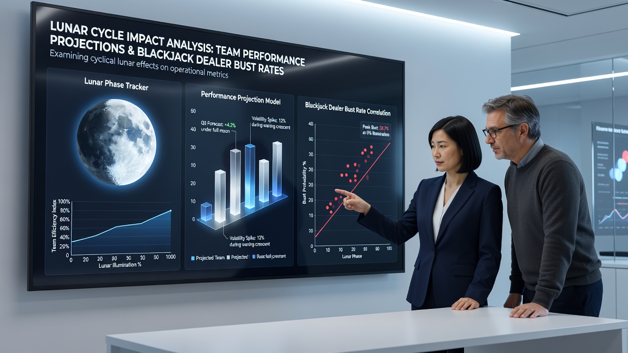 Data visualization charts comparing lunar phases with team stats and blackjack outcomes in a mobile app interface