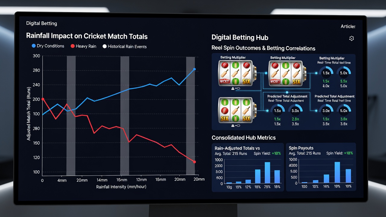 Data visualization showing rainfall patterns affecting cricket scores next to random reel outcomes in a unified betting interface