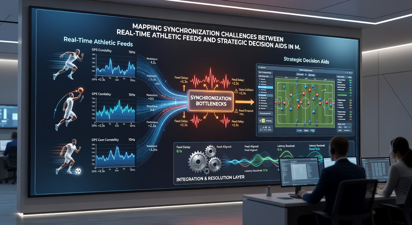Diagram illustrating data flow pathways from athletic sensors through mobile networks to strategic analysis modules with highlighted delay points