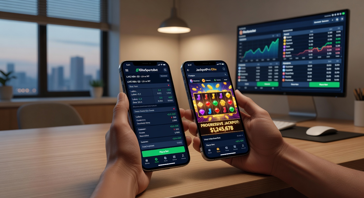 Smartphone screen displaying split-view of live NBA game betting odds and a spinning progressive jackpot slot machine on a top betting app