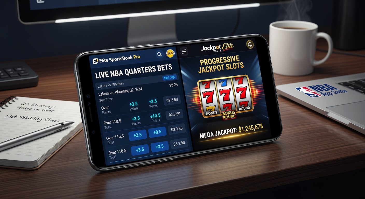 Close-up of mobile app interface showing simultaneous NBA live betting slip for quarters and a progressive jackpot slot payout screen
