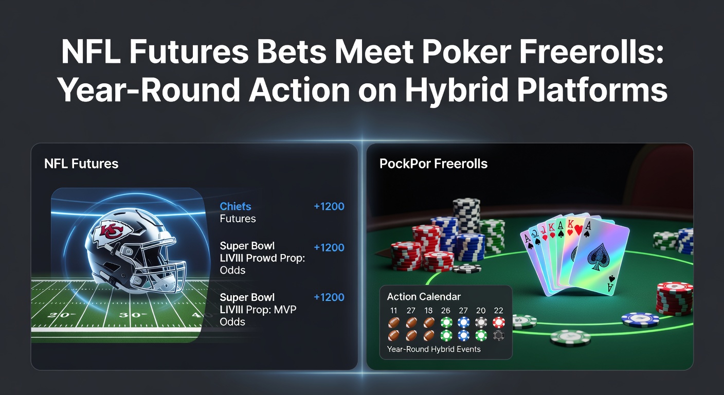 Screenshot of a hybrid betting platform displaying NFL futures odds alongside an active poker freeroll tournament lobby