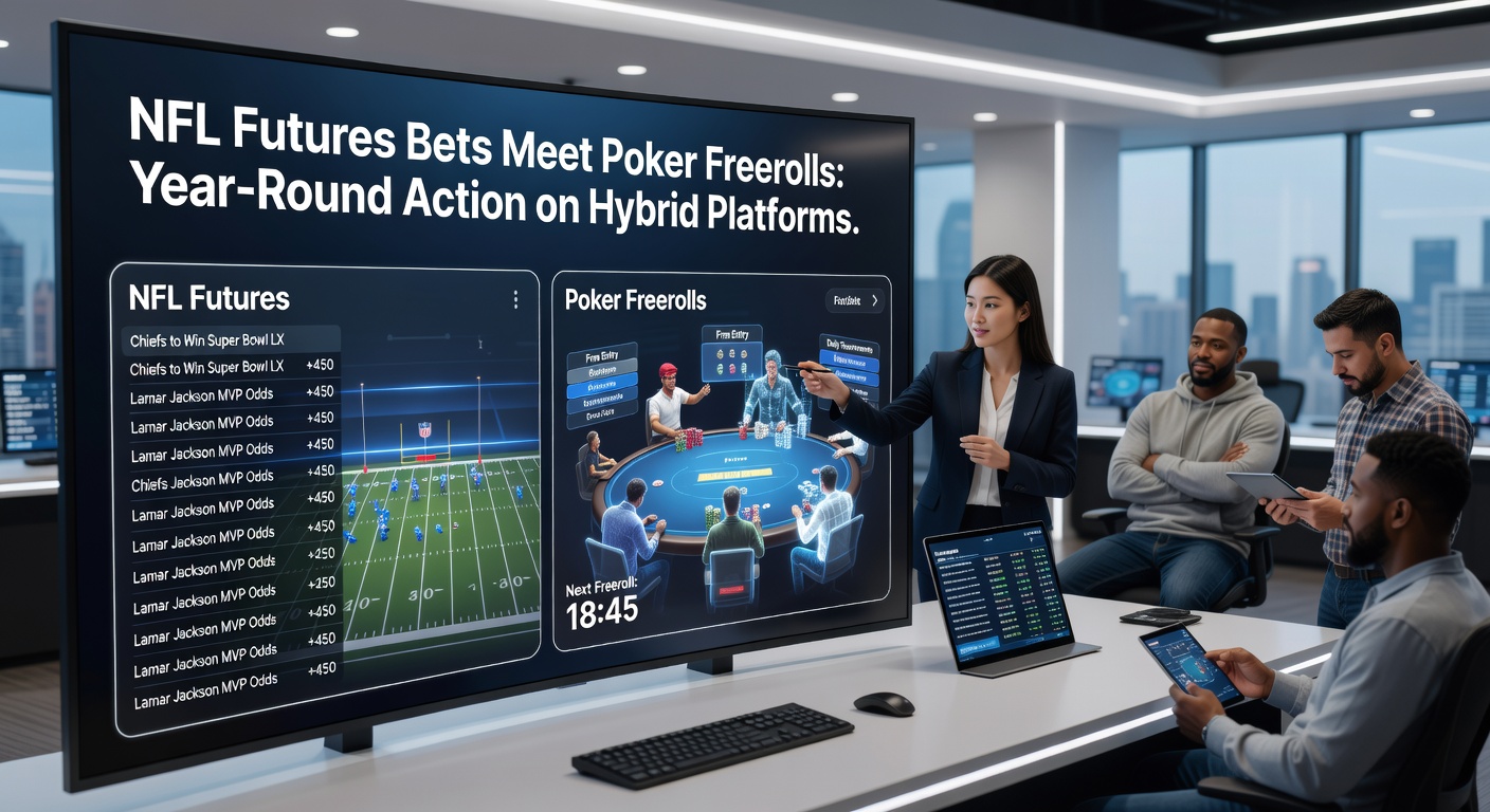 Collage showing NFL futures betting slip next to a poker freeroll results table on a single hybrid app dashboard