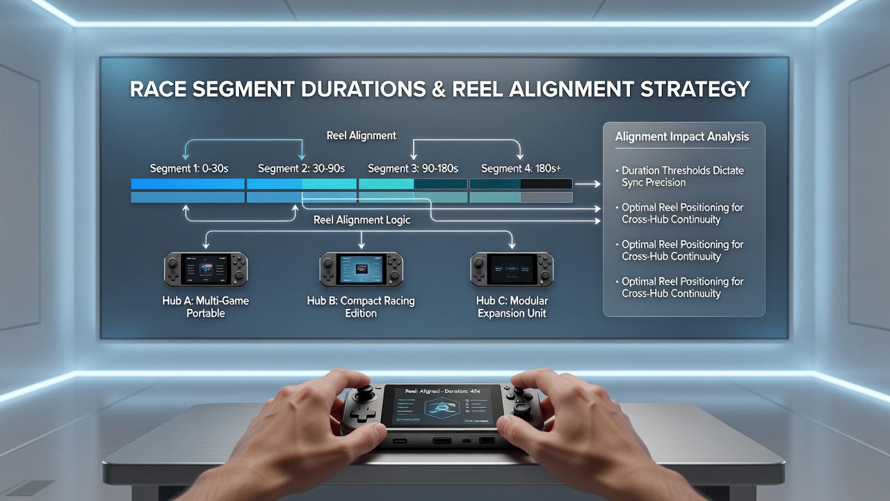 Illustration of race segment timing overlays on mobile gaming hub interfaces showing reel alignment indicators