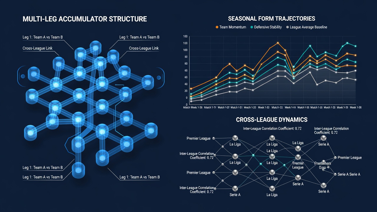 Accumulator builder interface displaying layered seasonal statistics across soccer and basketball fixtures