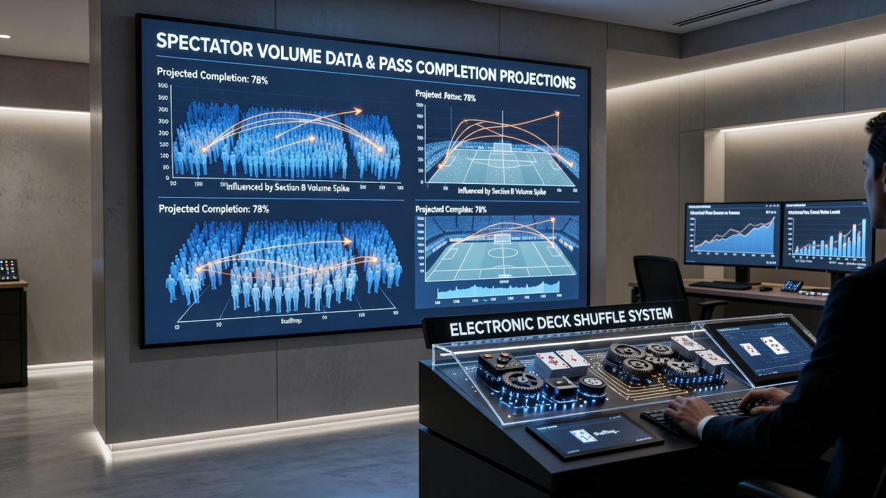 Close-up of app dashboard showing spectator volume metrics next to live deck shuffle sequences during a football event
