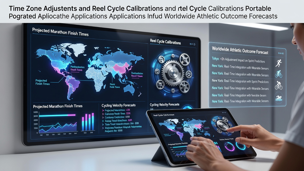 Illustration of time zone maps overlaid with athletic data streams and mobile app interfaces showing reel calibrations