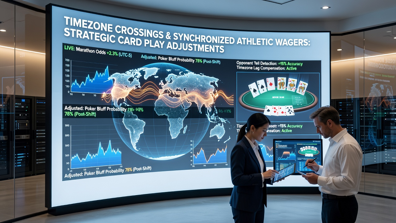 Smartphone screen showing integrated athletic wager dashboard next to real-time card game strategy panel with timezone adjustment indicators