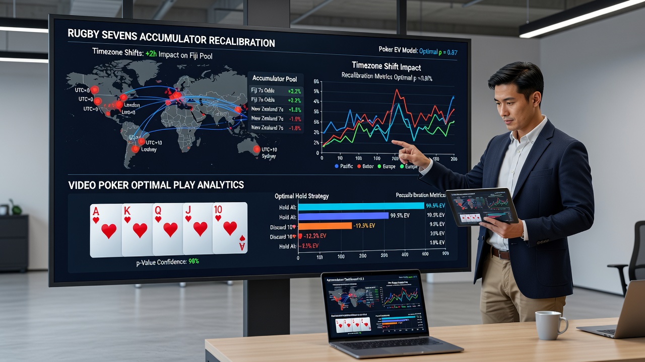 Handheld screen showing synchronized rugby accumulator builder next to video poker optimal strategy overlay