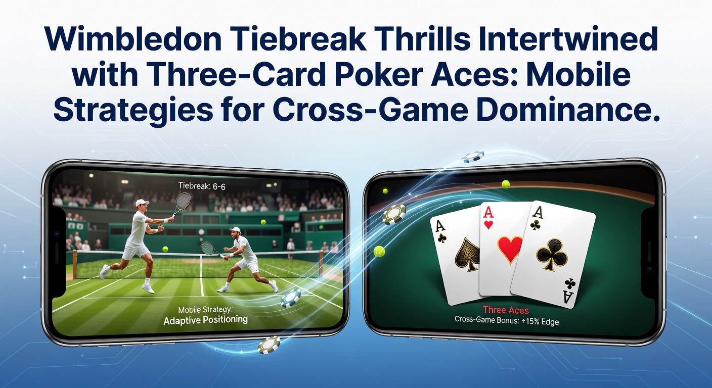 Dynamic Wimbledon tiebreak with players lunging for the ball, crowd in frenzy, overlaid with three-card poker chips and aces