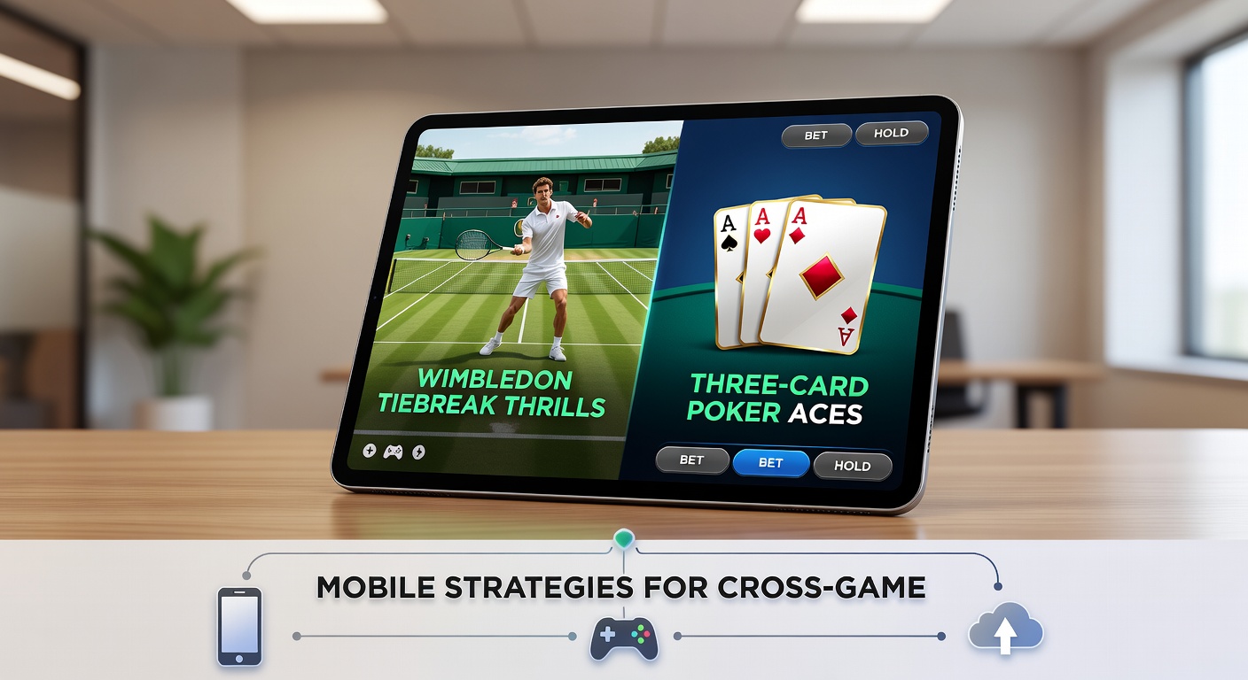 Mobile phone screen split between live Wimbledon betting odds and three-card poker table with aces dealt