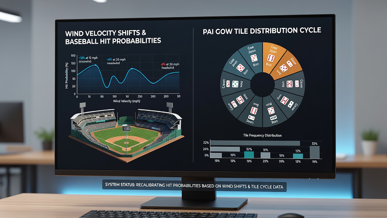 Close-up view of a portable device screen showing synchronized wind velocity graphs and Pai Gow tile probability charts during active gameplay